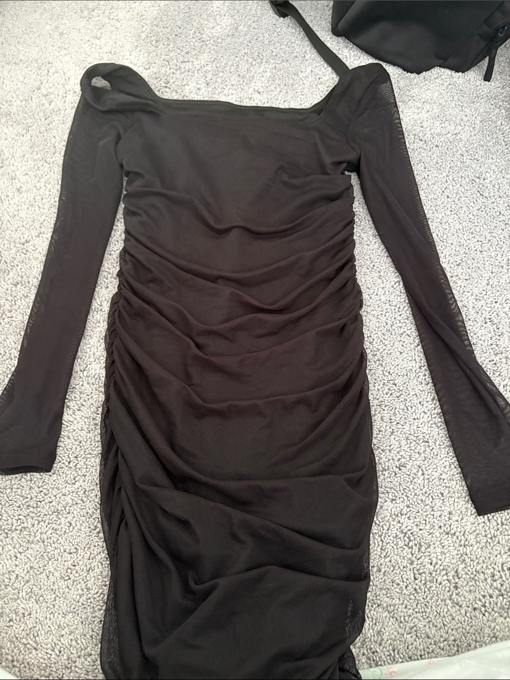 SHEIN Black Long-Sleeve Ruched Mesh Bodycon Dress